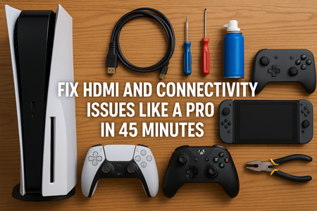 Gaming console with HDMI and connectivity repair tools for PS5, Xbox, Nintendo