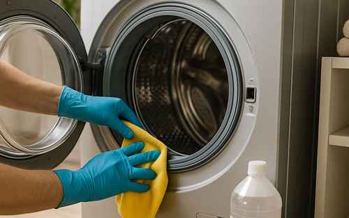 Front-loading washing machine with cleaning supplies